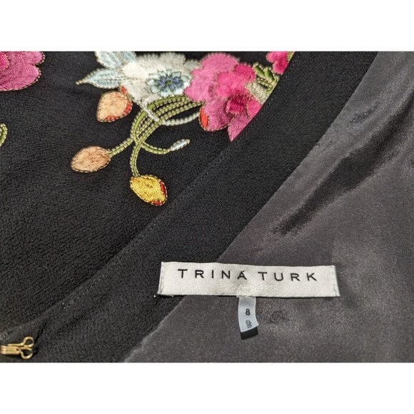 Trina Turk Leona embroidered V-back Sheath‎ black Tiered ruffled sleeves dress 8 - Picture 8 of 10